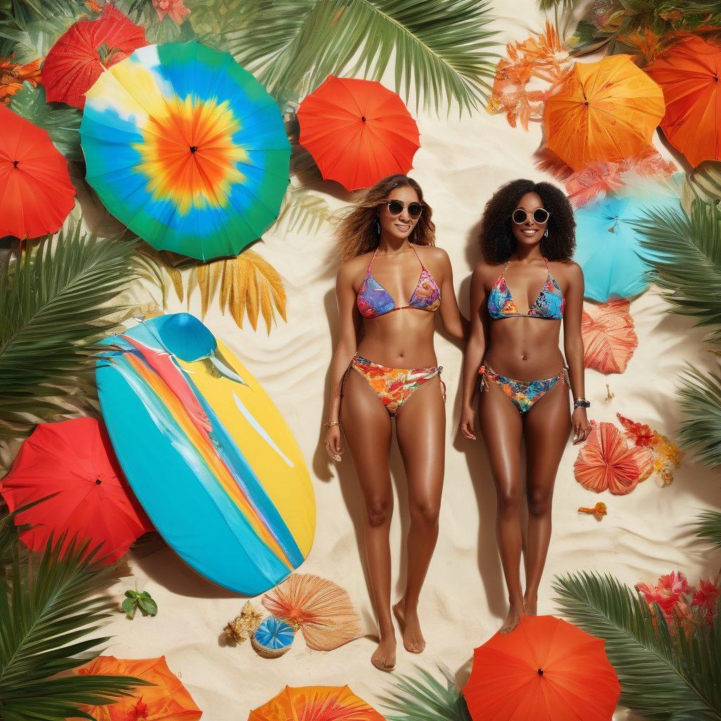 A vibrant beach scene featuring bold, eclectic swim attire with bohemian patterns and oversized accessories, showcasing models of diverse backgrounds confidently flaunting their unique styles. Surround them with colorful beach umbrellas, surfboards, and tropical plants to enhance the playful atmosphere. Capture sun-drenched lighting and the essence of freedom. super-realistic. vibrant colors. tropical backdrop.